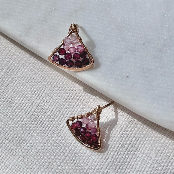 Gold Filled Burgundy Ruby, Garnet, Tourmaline and Spinel Fan Stud Earrings - Picture 3 of 3